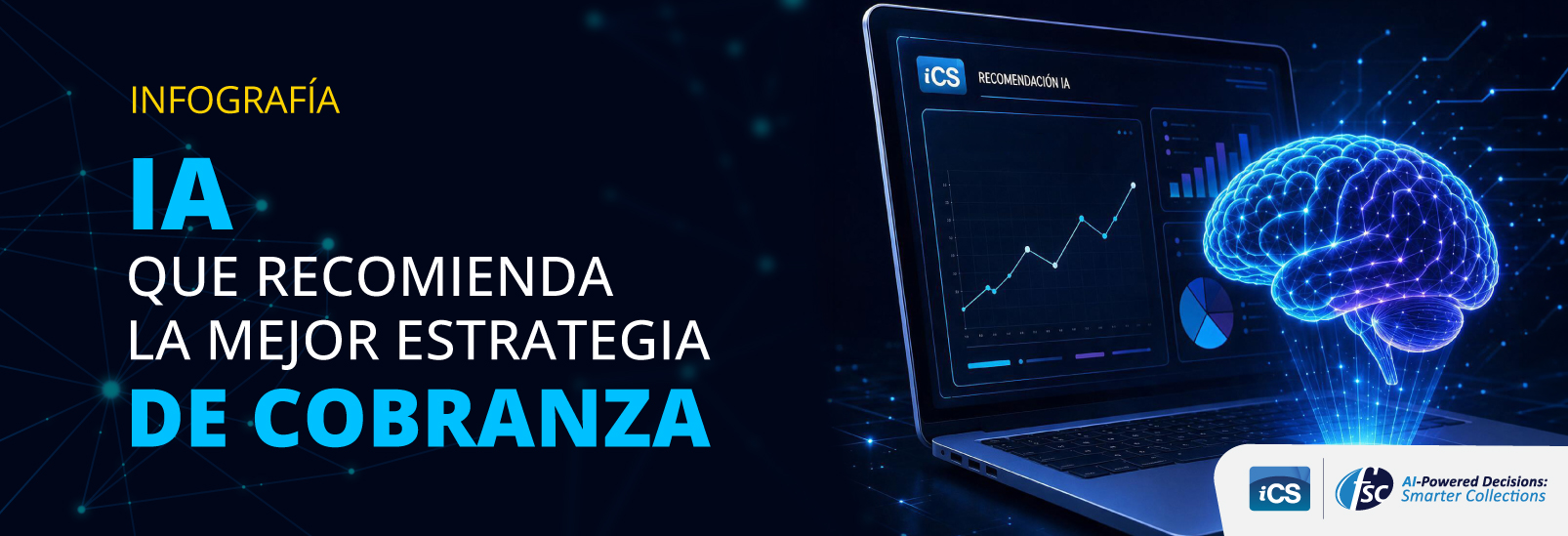 IA para cobranza en bancos y financieras: laptop con panel de recomendación y cerebro digital iluminado
