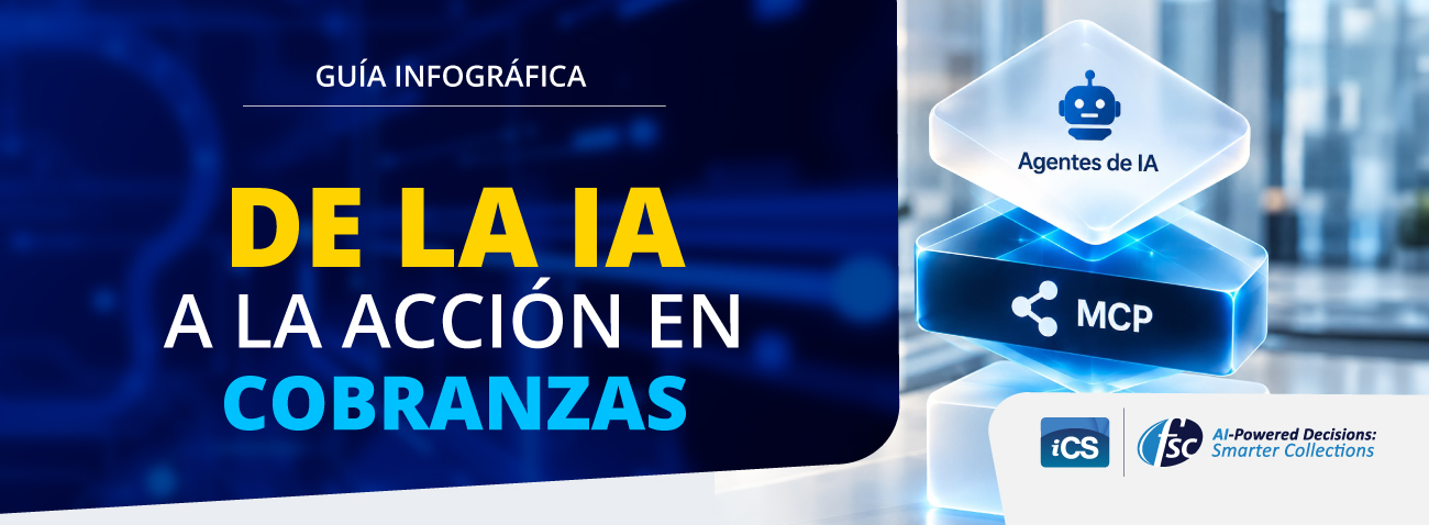 Infografía: de la IA a la acción en cobranzas con MCP e iCS Cloud, que conecta agentes de IA con la operación de cobranza